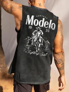 Men's Modelo Eagle Print Round Neck Tank Top, Loose Casual Street Sleeveless Top for Daily Wear, Menswear for All Seasons, Streetwear