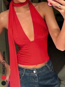 Women's Solid Color Ribbon Halter Neck Top, Slim Fit Casual Sleeveless Top for Summer, Women's Clothing for Daily Wear, Womenswear