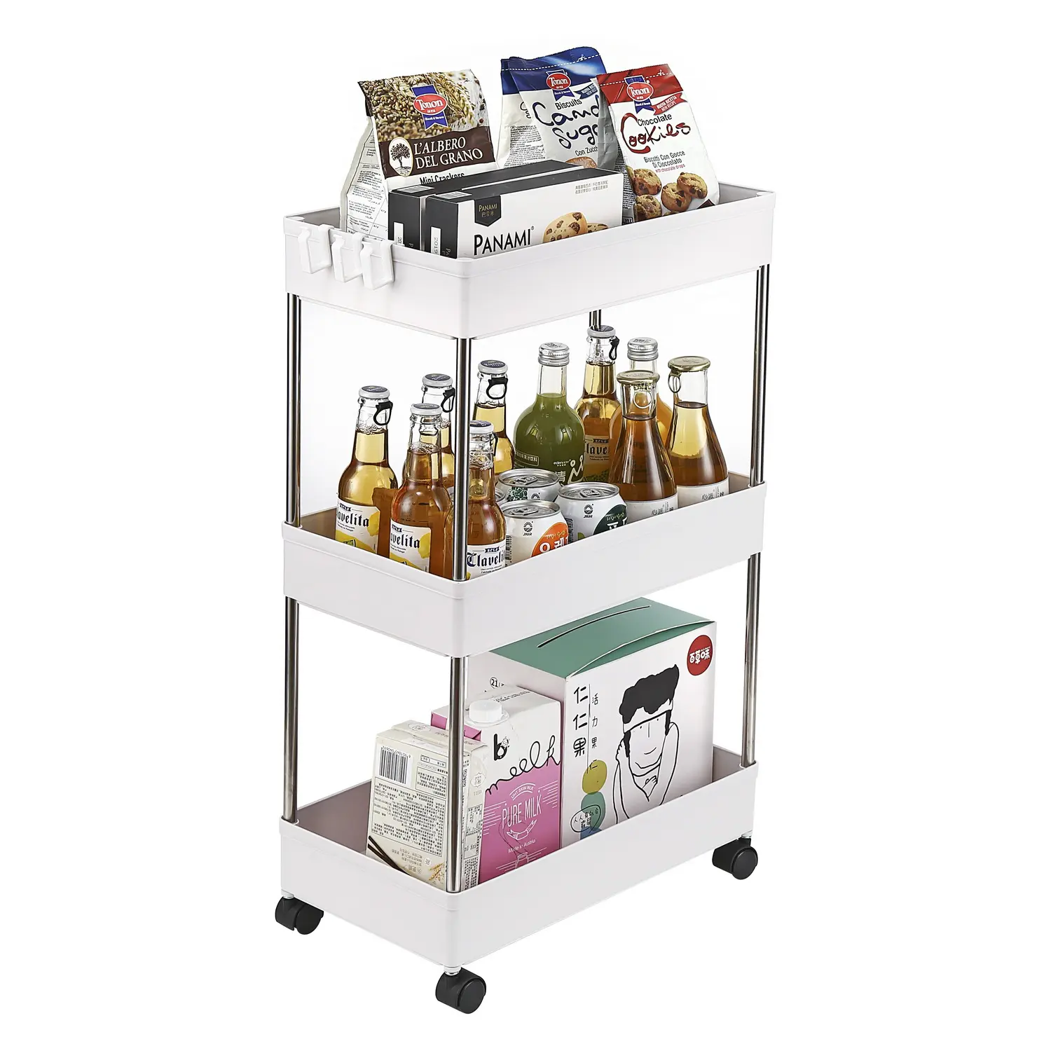 3 Tier Stainless Steel Storage Cart Kitchen & Bathroom Laundry Cart Utility Cart Vegetable Rack Multifunctional Storage Cart