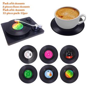 Set of 6 Vintage Vinyl Record Coasters, Heat Resistant CD Shaped Drink Mats, Perfect for Coffee & Tea Cups, Unique Home Decor Gift Idea