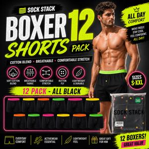 Sock Stack 12 Pack Classic Menswear Black Cotton Blend Boxer Shorts Breathable Activewear Comfortable Stretch Colourful Waistband Durable Lightweight Button Fly Underwear MB08