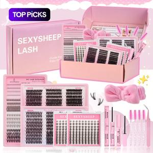 Mixed Style False Eyelash Gift Box Set, 1 Set Individual False Eyelash Extension Kit, Soft Curled Eyelash Clusters with Glue & Remover & Tweezers & Brushes & Headband