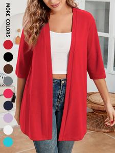 Plus Size Women's Solid Color Drop Shoulder Open Front Cardigan, Plus Casual Fashionable Half Sleeve Outerwear for Daily Outdoor Wear, Summer Back to School Outfits 2024, Women Plus Clothing for All Seasons