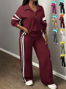 Women's Zipper Jacket & Striped Wide-Leg Pants Set, Streetwear & Casual, Two-Piece Suit for Daily Wear