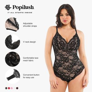 Popilush Shapewear Bodysuit V Neck Backless Lace Tank Tops Sleeveless Thong Bodysuit