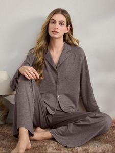 Women's Casual Fall Winter Pajama Set, Soft Skin-Friendly Fabric, Long Sleeve Lapel Design, Indoor Outdoor Wear, Two-Piece Sleepwear