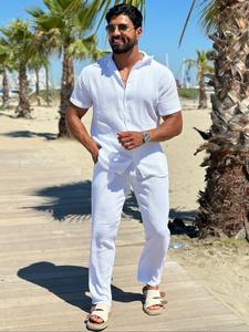 Men's Solid Color Button Front Shirt & Pants Two-piece Set, Regular Fit Casual Shortsleeve Collared Top & Trousers for Tropical Summer, Men's Outfits for Beach Vacation, Menswear, Suits, Summer Clothes Set, Formal Wear