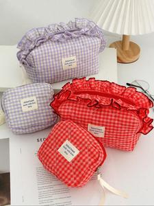 Quilted Lace Plaid Fabric Makeup Bag, Multifunctional Makeup Organizer Bag, Cute Zipper Makeup Bag, Women's Tampon Organizer, Makeup Bag with Zipper Closure