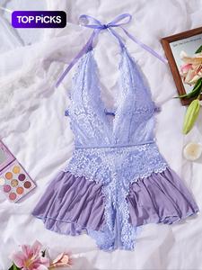 Women's Solid Color Lace Sexy Lingerie Bodysuit, Soft Comfy Breathable Deep V Neck Backless Bodysuit for Daily Wear, Women's Lingerie for All Seasons