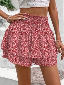 Women's Vacation Style Small Floral High Waist Elastic Waist Casual Fashion Skirt Pants, Perfect for Daily Wear and Beach Holidays