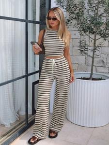 Women's Striped Knit Sleeveless Top and Drawstring Waist Bell Bottom Pants Set, Casual Daily Wear, Two-Piece for Home and Outdoor