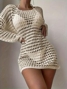 Women's Solid Hollow Out Sheer Cover Up without Bikini Set, Casual Long Sleeve Round Neck Cover Up for Spring & Fall, Ladies Clothes for Daily Vacation Party, Summer Clothes 2025, Swimsuit Coverup, Beach Swimwear Cover Up, Beach Crochet Cover Ups
