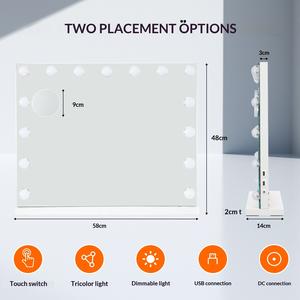 Hollywood Vanity Mirror with Lights, Bluetooth Speaker & 10x Magnification – 58x46cm / 80x60cm