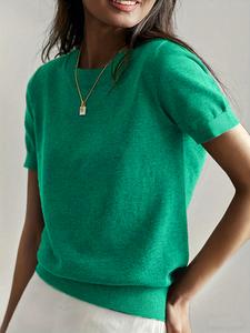 Women's Casual Loose-Fitting Short Sleeve Sweater, Round Neck Knit Top for Spring & Fall, Simple Solid Color Pullover