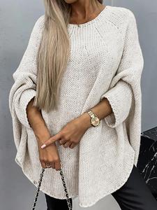 Women's Plain Batwing Sleeve Round Neck Sweater, Casual Long Sleeve Crew Neck Jumper for Spring & Fall, Fashion Women's Knitwear for Daily Wear
