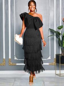 Plus Size One Shoulder Dress with Large Bow and Fringe Detail, Slim Fit Fashionable Party Gown for Women
