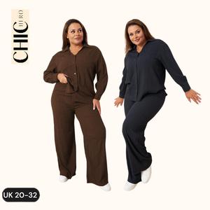 [CLEARANCE] ChicHero Plus Size Texture Button Front Drop Shoulder Shirt & Trouser Set – Women's Loungewear