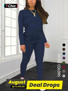 Women's Solid Long Sleeve Tee & Elastic Waist Pants Set, Lady Regular Fit Basic Casual Fitted Round Neck Longsleeves Top & Trousers for Spring & Fall, Casual Outfits Women, Fabric Womenswear, Matching Clothing Set, Two Piece Set Women