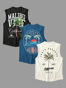 Men's Letter & Palm Tree Print Round Neck Tank Top, Regular Fit Casual Graphic Sleeveless Vest for Summer, Men's Top for Daily Wear, Menswear, Tropical Tanktop, Casual Tank Tops, Breathable Sleeveless Top
