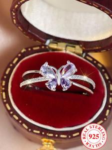 S925 Sterling Silver Butterfly Design Ring, Elegant Wedding Engagement Ring for Women, Trendy All-match & Exquisite Jewelry for Birthday Gift