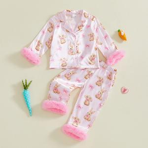 Girls Easter Pajama Sets Long Sleeve Lapel Button Up Bow Rabbit Print Shirt Pants Sleepwear