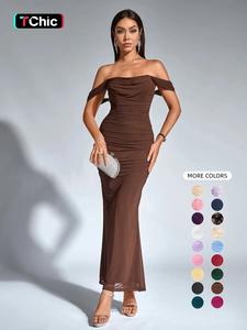 Women's Off The Shoulder Ruched Draped Backless Bodycon Dress, Elegant Zipper Back Long Dress for Party Club Dating Wear, Ladies Summer Clothes
