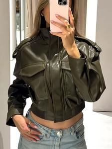 Women's Bomber Jacket Olive Green Faux Leather Jacket Stand Collar Moto Jacket Flap Pockets Streetwear Women's Layered Outerwear Short Jacket Woman, Casual Womenswear