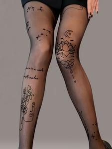 Women's Lotus Pattern Tight Pants, Fashion Plus Size Socks, Versatile High Waist Leggings, Comfortable Elastic Fabric, Perfect for Daily, Floral, Fit, Women Pantyhose