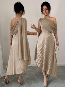 Women's Summer New Mesh Patchwork Elegant Off-Shoulder Sleeveless Dress, Irregular Hem Fitted Dress, Plain Style, Casual Chic Dress, Perfect for Casual Wear
