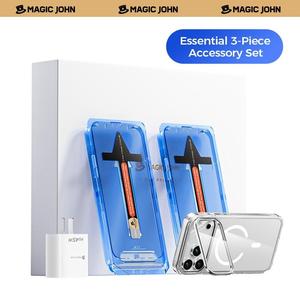 MAGIC JOHN Accessory Gift Set for iPhone17/Air/Pro/ProMax-Includes HD & Privacy Screen Protector, Camera Cover Stand Case, and 45W Fast Charger