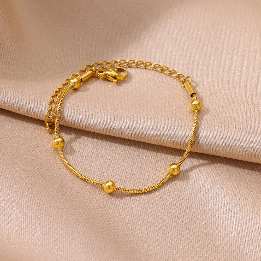 Gold Stainless Steel Snake Chain Bracelet for Women - Beaded Round Link Luxury Wedding Party Jewelry Gift with Lobster Clasp
