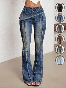 Women's Low Waist Bell-Bottom Jeans With Big Sun Logo Button And Eyelets Big Belt，Comfortable Stretch Denim Jeans，Patchwork Fringe Washed Vintage Long Pants, Casual Denim Trousers for Everyday Wear