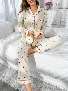 Women's Button Front Blouse & Bow Front Contrast Binding Pants Pyjama Set, Casual Long Sleeve Lapel Top & Trousers, Summer Outfits 2024, Sleepwear for Spring & Fall, National Day Offers