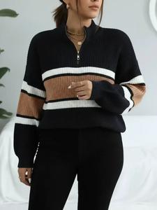 Women's Colorblock Striped Print Half Zip Up Mock Neck Sweater, Casual Loose Drop Shoulder Long Sleeve Jumper, Women's Fall & Winter Knitwear For Daily Wear