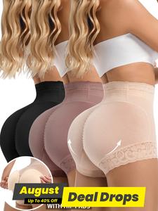 Women's 3 Counts Plain Contrast Lace High Waist Shapewear Shorts with Hip Padding, Casual Tummy Control Butt Lift Shapewear Panties, Ladies Shapewear Bottoms, Tummy Control Shaping, Underwear, Womenswear
