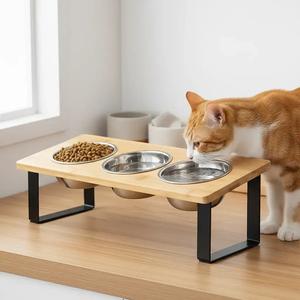 Cat Food Bowl Stand, Wood, 15° Tilted Cat Food Bowl, Stainless Steel Cat Bowls for Indoor Cats, Pet Feeding Stand, Pets Feeding Supplies