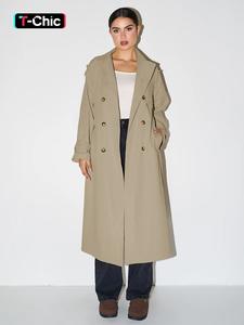 Fall & Winter Trendy Casual Outerwear, Solid Color Lapel Double Breasted Waist Tie Trench Coat