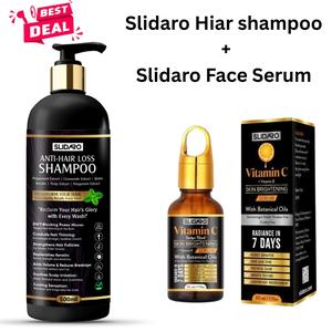 SLIDARO Glow & Grow Skin + Hair Care Duo | Vitamin C + E Brightening & Hydrating Face Serum for Dark Spots, Uneven Tone, Fine Lines & Glowing Skin + Biotin Hair Regrowth & Anti-Hair Loss Shampoo for Thicker, Stronger Hair | For Men & Women