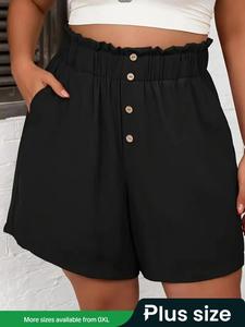 【plus Size】 Solid Color Button Decor Shorts, Casual Basic Fashion Shorts for Daily Outdoor Wear, Women Plus Loose Clothing for Summer, Bottom
