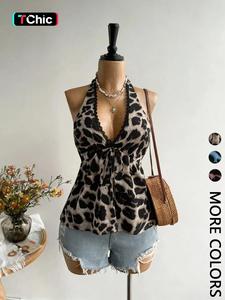 1 Piece Women's Halter Neck Design Top, Leopard Print Lace Trim V Neck Tie Front Sleeveless Babydoll Cami Top, Flowy Peplum Casual Blouse, Fitted Figure Flattering for Daily Wear Vacation Brunch Going Out Streetwear