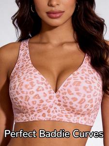 Wireless pink leopard print jelly bra, comfortable everyday wear, sexy V-neck, seamless T-shirt bra with push-up support, adjustable straps for tummy control and anti-sagging effect, soft fabric, plus size women's underwear, a must-have Mother's Day gift