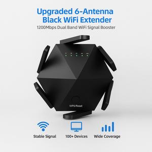 6 Antennas WiFi Extender/Repeater for UK,1200Mbps Dual-Band WiFi Booster, Strong Signal & Stable Connection, 100+ Devices, Easy Setup Repeater, Perfect for Streaming, Gaming, Home & Office, UK Plug