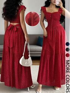 1 Piece Spring & Summer Ruffled Square Neck Polka Dot Maxi Dress , Back Tie Design Retro Sweet Style for Date Nights and Vacation,Waist-Cinching Slimming Romantic Girl Style for Parties and Daily Outings