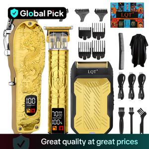 Professional Hair Clippers & Trimmer Set for Men, 1 Box USB Rechargeable Haircut Kit with LCD Display, Including Electric Shaver, T-blade Trimmer, Gifts for Men, Valentine's Day Gift, Golden Barber Equipment, Cordless Beard Trimmer, Cordless Quiet Trimmer