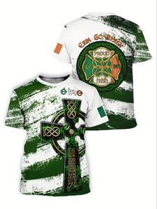 Men's Celtic Cross Ireland Traditional T-Shirt, & Full Body Celtic Knots Clover Print, Irish Flag Colors Casual Tee
