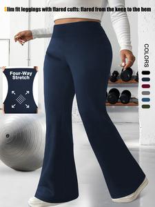 【Plus Size】 Solid High Waist Flare Leg Leggings, Casual Comfy High Stretch Bell Bottom Trousers for Daily Wear, Women's Bottoms for Summer, Flared Lady Comfort Highwaist Flared Pants, Gym Clothes Women