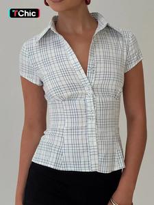 Women's Plaid Print Curved Hem Short Sleeve Button Up Blouse, Casual Bishop Sleeve Collared Top for Summer, Ladies Clothes for Daily Wear