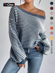 Women's Striped Drop Shoulder Sweater, Casual Bishop Sleeve Boat Neck Jumper for Daily Outdoor Wear, Ladies Knitwear for All Seasons