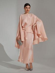 Women's Solid Glossy Cloak Sleeve Tie Front Top & Zipper Elastic Waist Long Skirt Set, Elegant Fashion Casual Outfits for Party Dating Wear, Ladies Spring & Fall Clothes