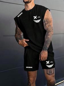 【Plus Size】 Men's Letter Print Tank Top & Shorts Set, Regular Fit Casual Fashion Cozy Breathable Two-piece Outfits for Daily Outdoor Wear, Plus Size Men's Clothing for All Seasons